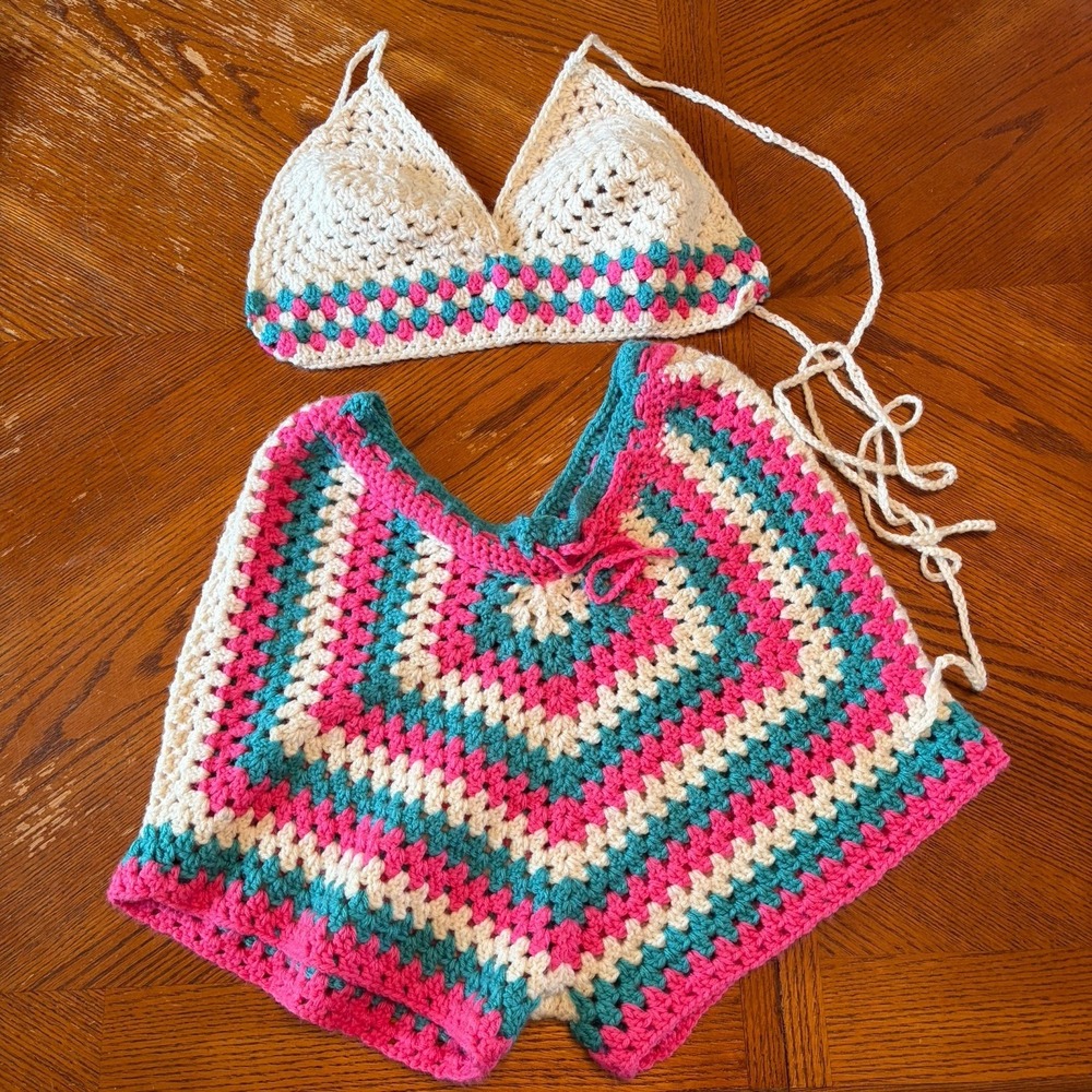 Handmade Crochet Top Shorts Set Blue Pink White‎ Festival Grandmacore Concert